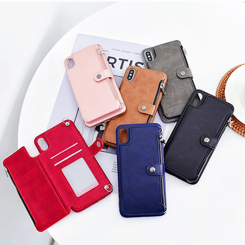 

Leather Phone Case For iphone 11 PRO MAX 6 6s7 8 plus XS MAX XR X Metal purse chain Crossbody Card Strap Flip zipper Back Cover