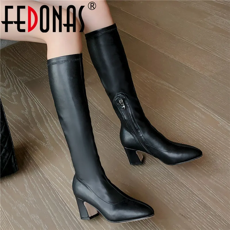 FEDONAS/Элегантные женские кожаные сапоги до колена из флока обувь для ночного клуба