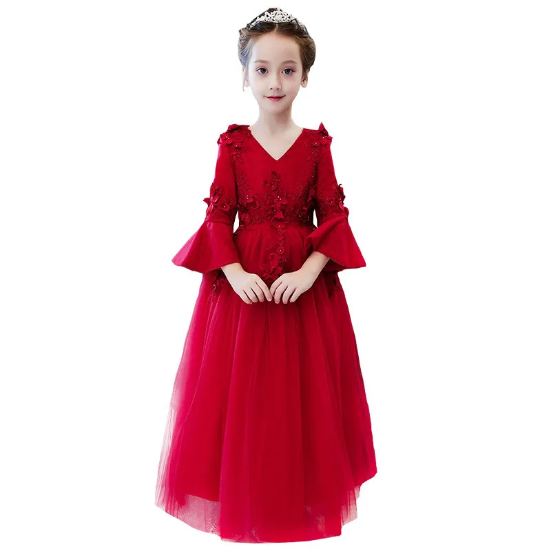 

Burgundy Flower Girl Dresses It's Yiiya B030 V-neck Three Quarter Sleeve Communion Dress Zipper Flower Girl Pageant Dresses