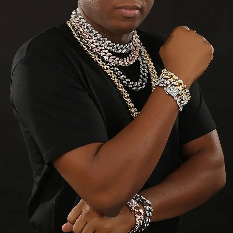 

2021 new full diamond men's Cuban chain necklace hip-hop hipster punk hiphop gold-plated diamond bracelet