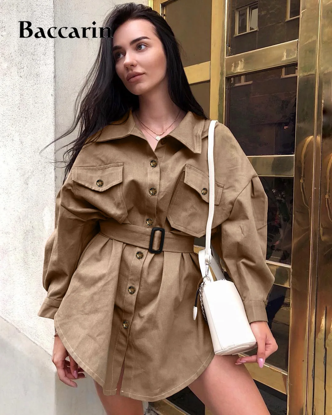 

Baccarin 2020 winter women trench long coat outwear long sleeve belt button loose oversize streetwear office clothes