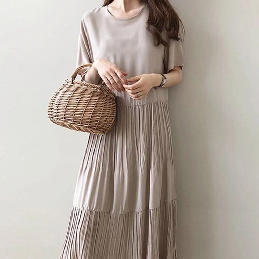 

Japan Style Casual Korean Fashion Women's Dress 2021 Summer Loose Simple Elegant Folds Thin Solid Color Round Neck Summer