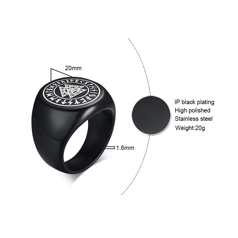 Кольцо викингов Valknut Futhark Runes Odin Черный Байкер из нержавеющей стали в