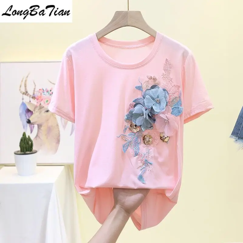 

Летние футболки с вышивкой, бисером и цветами, женские топы с круглым вырезом и коротким рукавом для девочек, футболка с цветочным принтом, х...