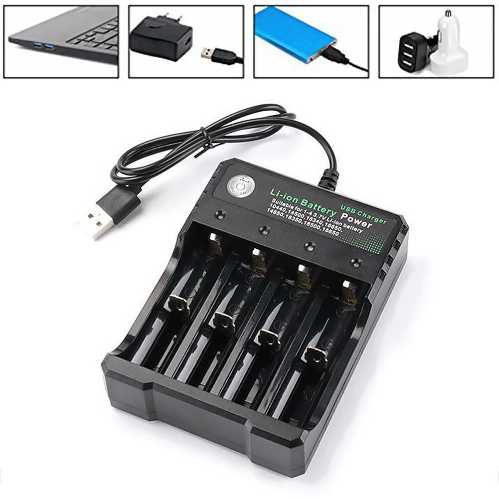 

USB Black Fast LED Indicator Portable 18650 Li-ion Intelligent Safe Independent Charging 4 Slot Battery Charger Universal