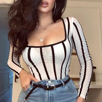 high street white scoop neck mesh sheer striped long sleeve rompers women body fishnet top fashion see through jumpsuits outfits