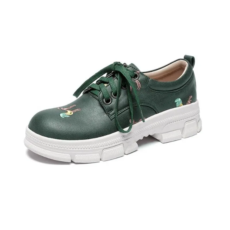 

2021 Autumn New Embroidery Casual Shoes Women Round Toe Thick Bottom Loafers Fashion Genuine Leather Flats Ladies Platform Shoes