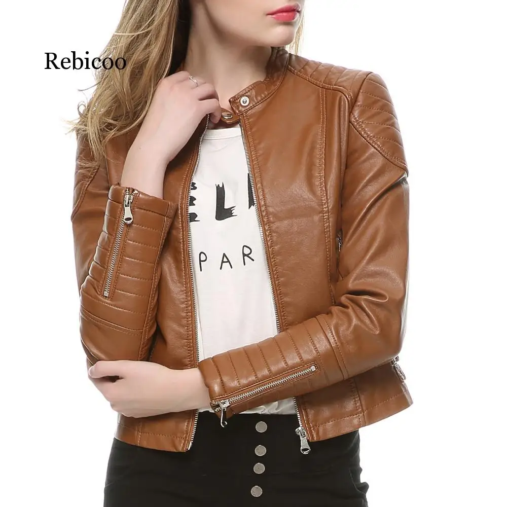 

2019 autumn and winter new stand-up collar locomotive pu leather women Slim leather jacket female short paragraph