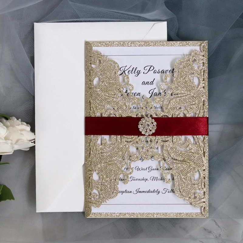 (100 шт./лот) золотые блестящие свадебные пригласительные открытки с принтом на
