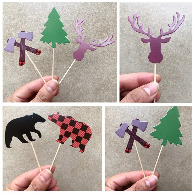 Топперы для кексов Buffalo Plaid Baby Bear Tree Топпер для кексов для костра Дровосек вечерние принадлежности для украшения торта на день рождения