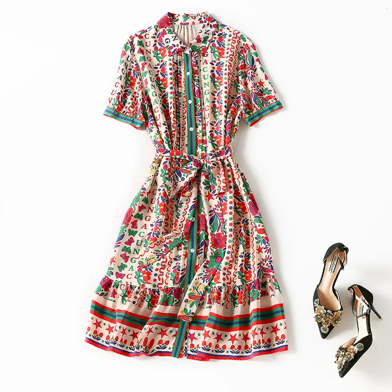 

73180 summer 2021 broken flower waist mulberry silk dress single breasted shirt style thin silk skirt with belt
