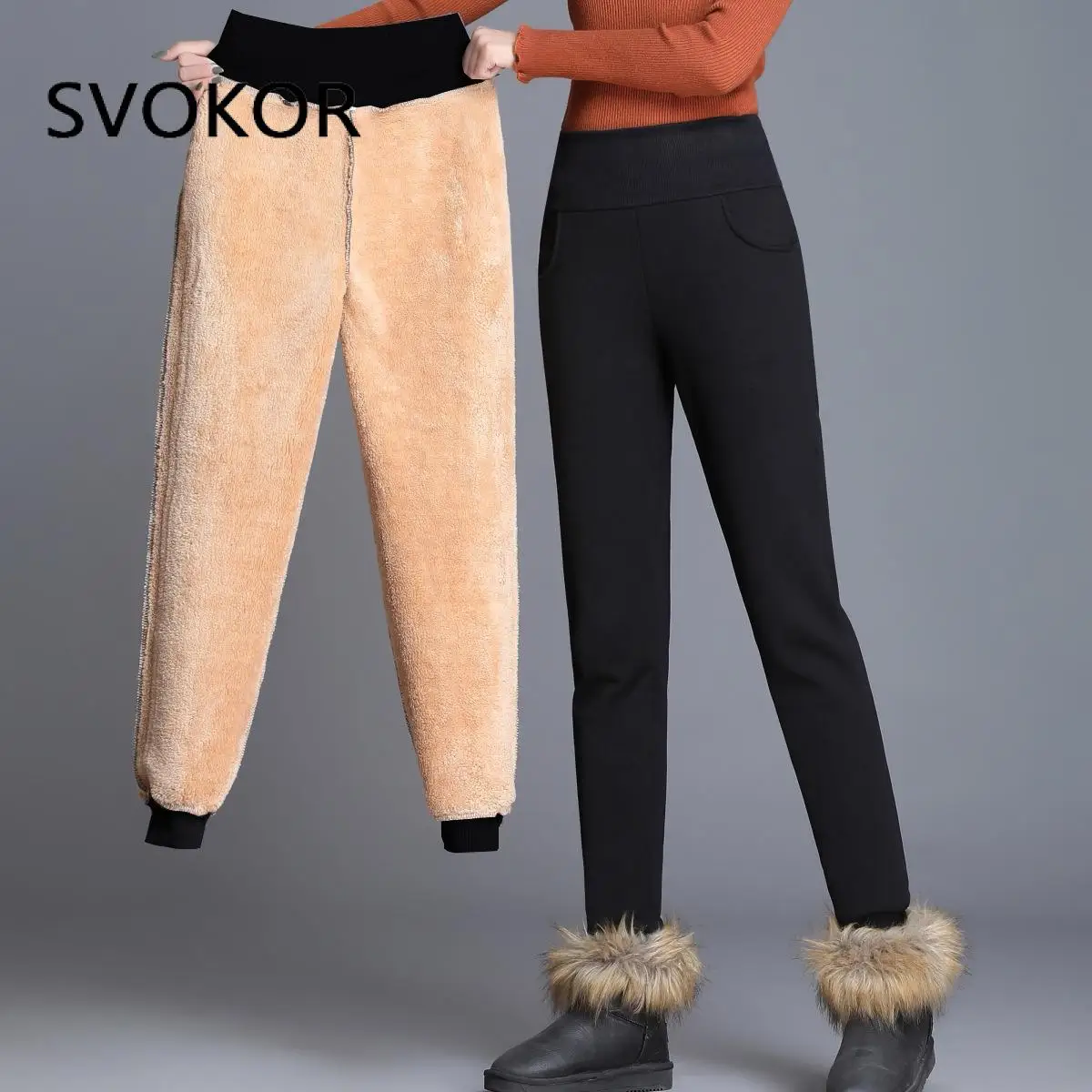 

SVOKOR Winter Pants Women Velvet Harem Pants Pockets Black High Waist Leggings Elastic Thick Fashion Trousers