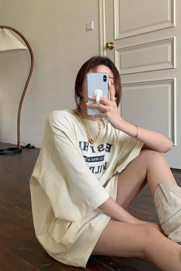 Футболка женская оверсайз с надписью абрикосовый модный топ большого размера 3