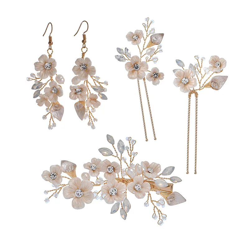 4pcs set Роскошный свадебный головной убор керамический цветок заколка для волос Висячие серьги Свадебные аксессуары для волос Набор для волос - Окраска металла: 4pcs set