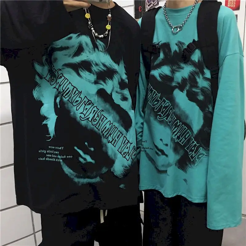 

Футболка женская оверсайз с длинным рукавом, Готическая Свободная рубашка с принтом надписи в американском стиле, одежда для пар, осень