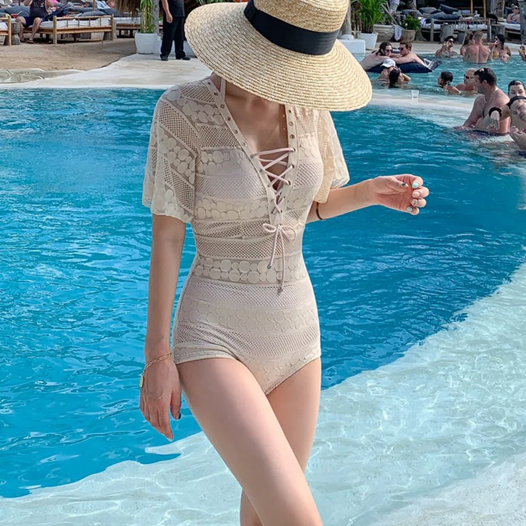 Женский сексуальный кружевной цельный пляжный комплект бикини с рукавом до