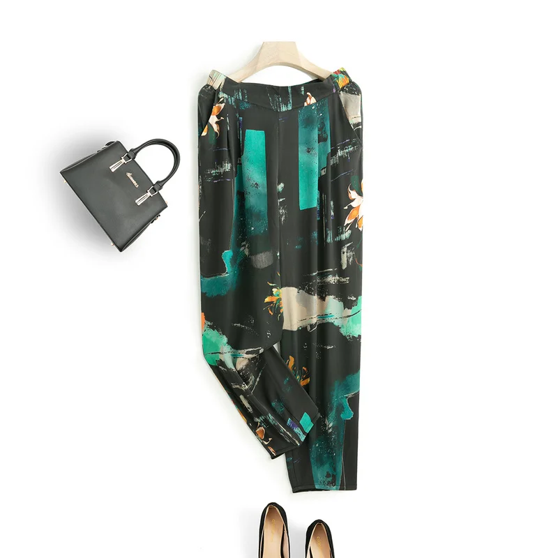 [New product] Jinju spring and summer new elastic waist printed silk and silk women's casual radish pants