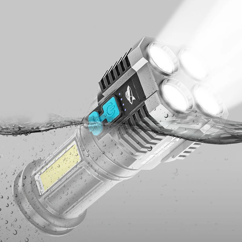 Мощный перезаряжаемый через USB фонарик 4 светодиодных лампы с босветильник