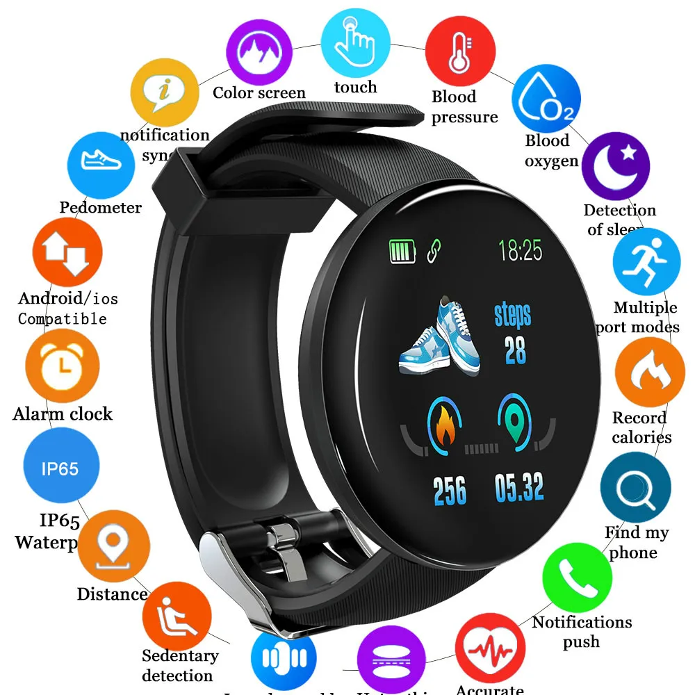 

Smart Watch Men Women Blood Pressure Track Bluetooth Smartwatch Sport Smartband D18 Smart Watches For Android relogio digital