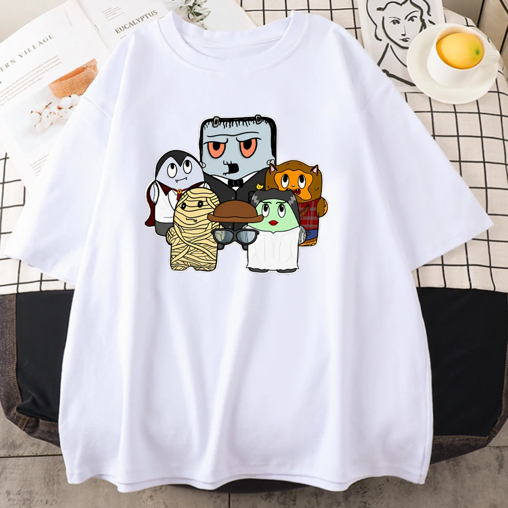

Halloween Monster Group Print T Shirt Women Cotton Oversized Anime Tops Vogue Loose Tee Hip Hop Plus Tops for Women