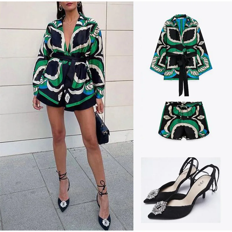 

Women Summer 2021 Green Print Long Sleeve Shirt High Waist Short Pants Vintage Bow Bandage Loose Casual Streetwear Sets