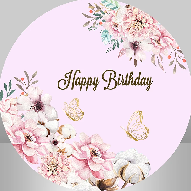 

Sensfun Happy Birthday Pink background and Butterfly Circle Round Backdrop Photo Studio Party Decor Candy table Banner Covers