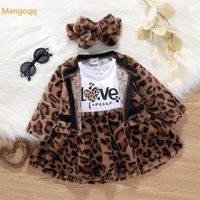toddler kids baby girls leopard warm full sleeve top coat patchwork letter knee length dress headband set 3pcs 3m 3y