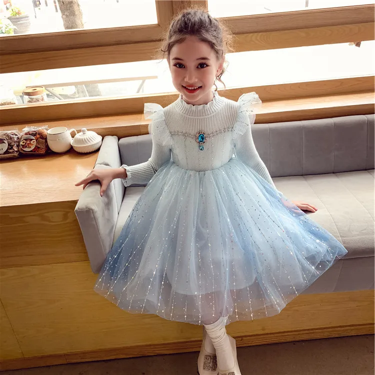 

Blue Formal Dress Knit Long Sleeves Wedding Dance Dress Kids Clothing Princess Birthday Dress Kids Party Dress For Girls 4-14 Y