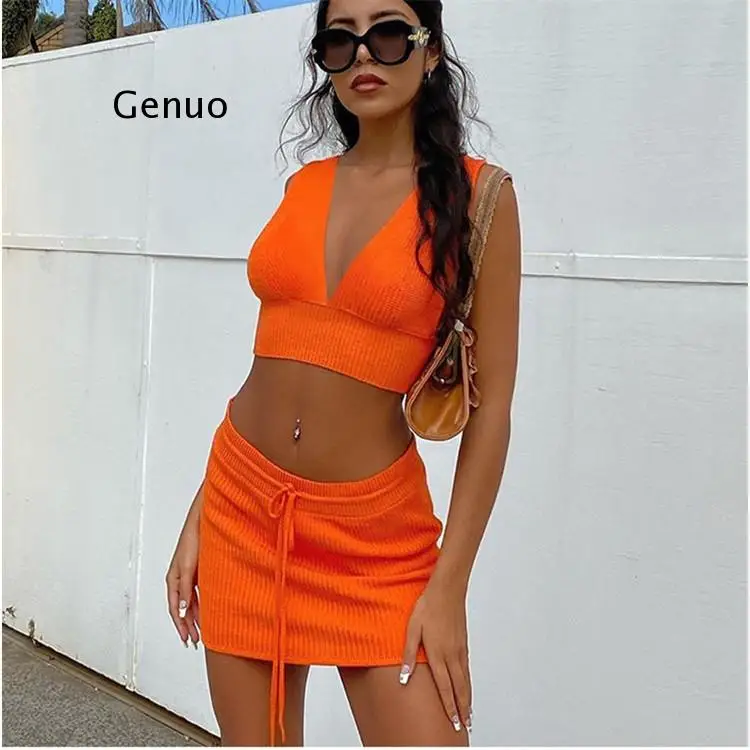 

Orange Sexy Crop Tops Skirts 2-Pieces Sets Women V-Neck Halter Cropped Top and Mini Skirts Elastic Slim Streetwear Set