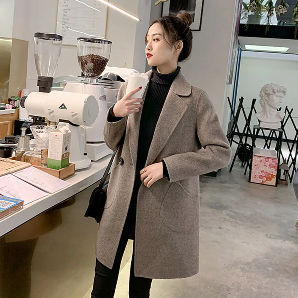 

Coat Women Autumn Winter 2021 New Double Breasted Button Pocket Solid Long Sleeve Mid Length Casual Vintage Woolen Jacket Female