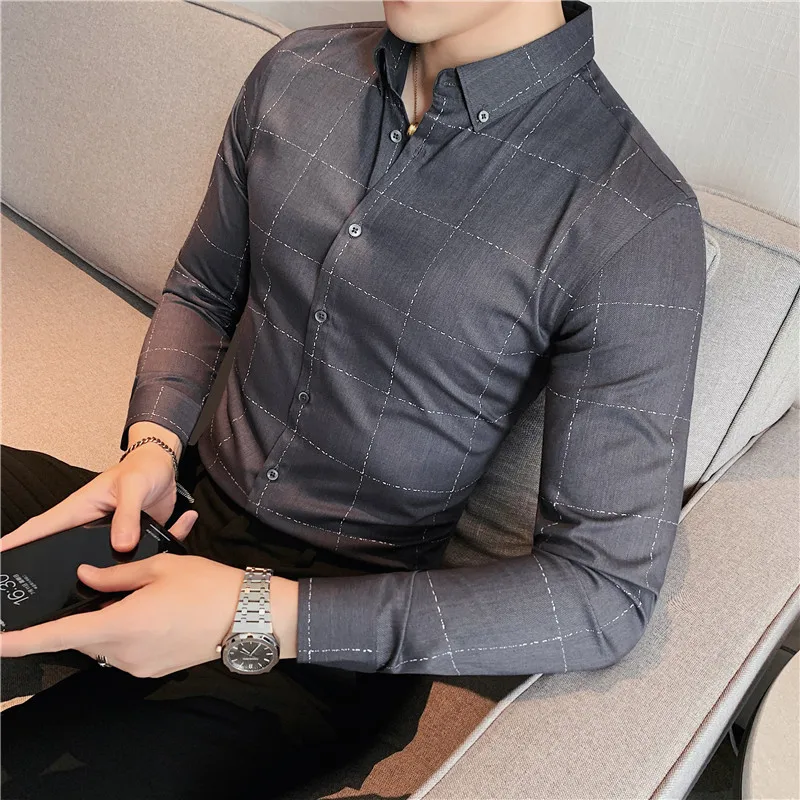 

2021 Plaid Shirt Men Business Casual Dress Shirts Autumn Long Sleeve Slim Social Office Chemise Homme Streetwear Male Clothing