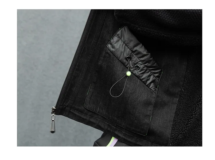 

Trendy Patchwork Hooded Jacket Women Thick Velvet Wool Jeans Bomber Coat Drawstring Winter Warm Korean Windbreaker Outwear Chic