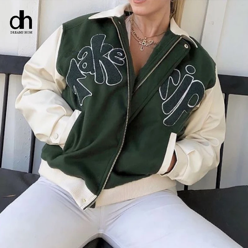 

DH Autumn Bomber Jacket 2021 New Grass Green Contrast Sleeve Coat Outerwear Women Letter Applique Loose Baseball Jacket