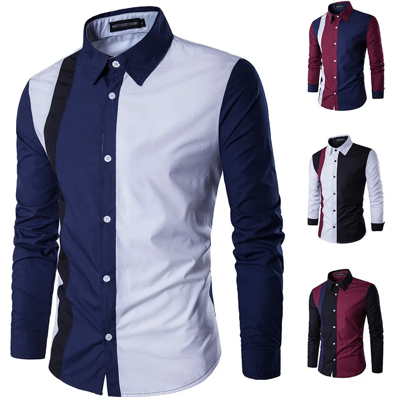

2021 New White/Navy Patchwork Men's Shirt Korean Fashion Slim Fit Long Sleeve Shirts Mens Work Casual Clothing M-3XL