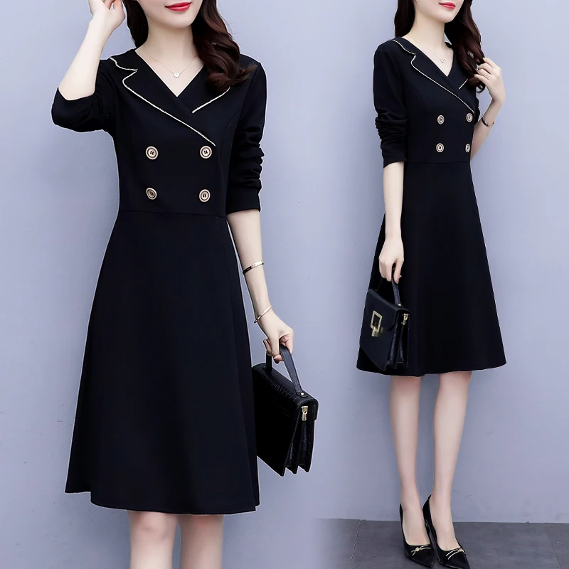 

Womens Black Business Dress Office Ladies Work Wear Long SLeeve Autumn Party Slim Casual A-Line Elegant Vintage Dresses Clothes