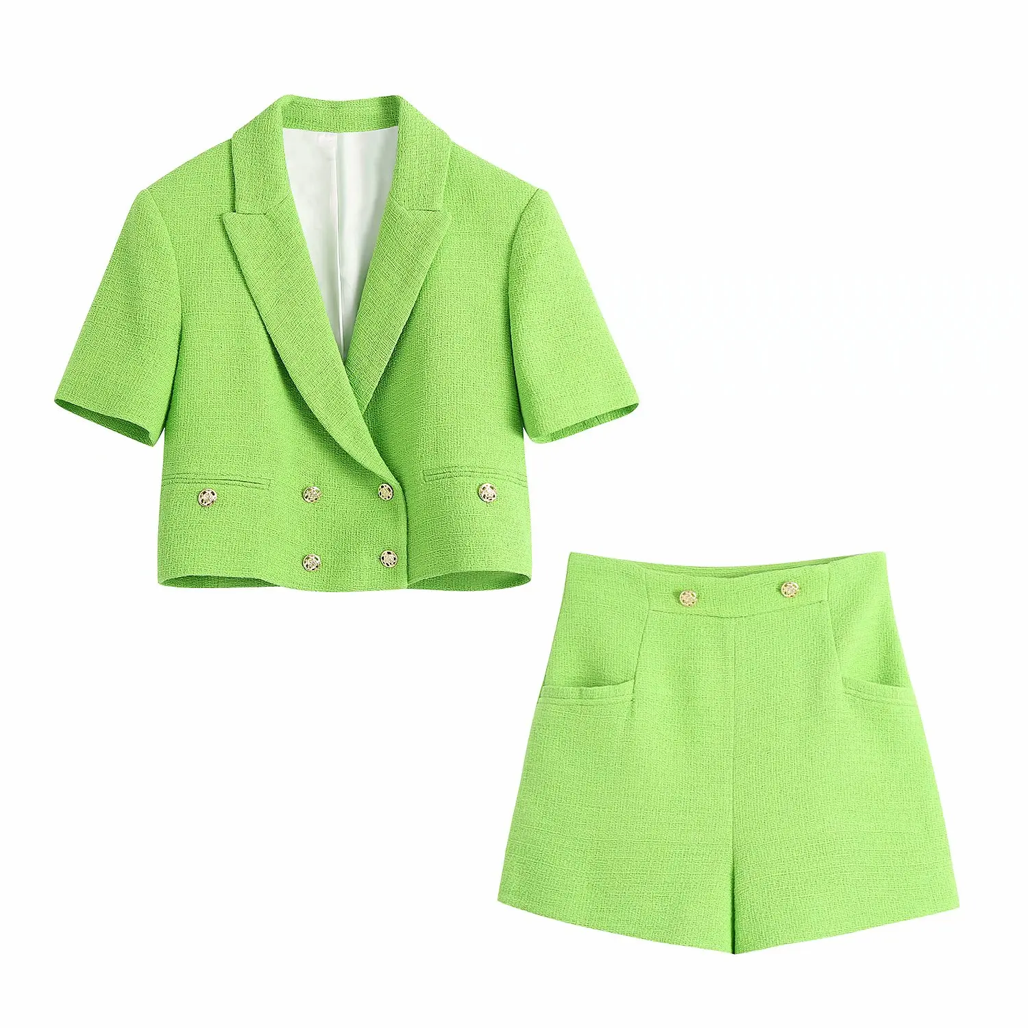 

2021 New Women Two Pieces Set Tweed Textured Cropped Blazer and Shorts Suit Fashion Casual Chic Lady Outfits Women Suit
