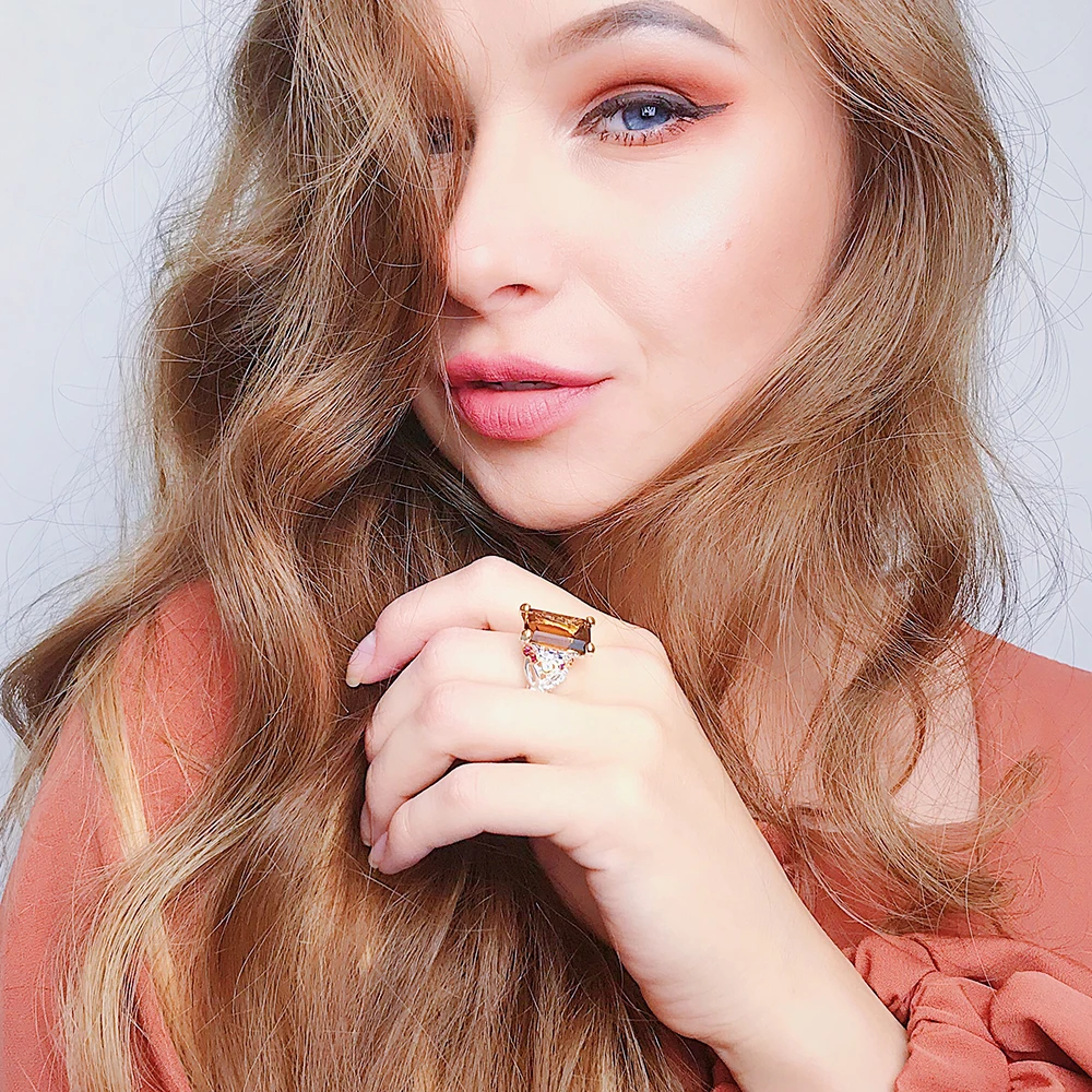 Женское кольцо из коричневого циркония большие прямоугольные кольца