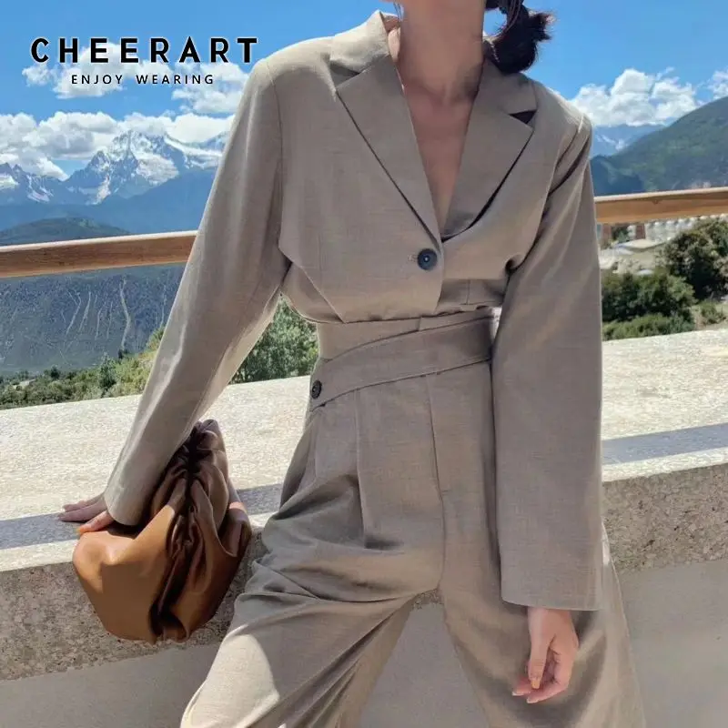 Cheerart Женский комплект 2 шт. укороченный Блейзер комплект из двух предметов топ и брюки женский костюм осенние корейские костюмы одежда