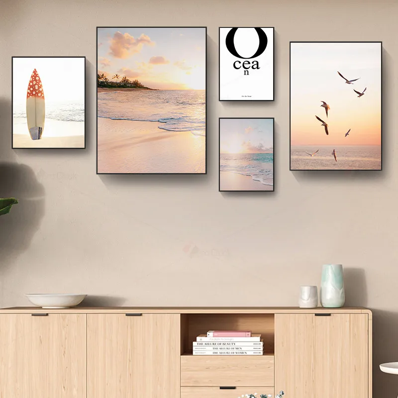 Скандинавский закат морской пейзаж на холсте искусство серфинга печать песчаный
