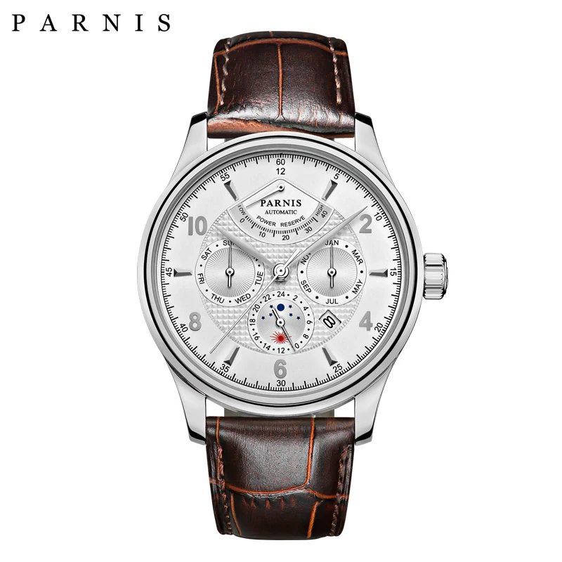 Parnis, 42 мм, автоматические часы, лунная фаза, запасная мощность, часы для мужчин, люксовый бренд, топ Miyota, механические намотки, часы, PA6062-A, подарок для мужчин