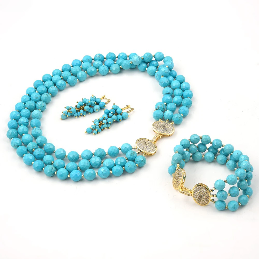 

3 Strands Blue Round Faceted Turquoises Gems Stone CZ Clasp Necklace Bracelet Earrings Sets Handmade For Women