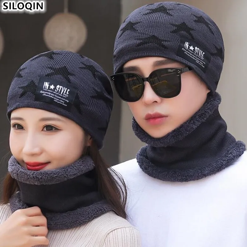 

Fashion 2021 New Winter Plus Velvet Keep Warm Knitting Couples Cap Men's Women's Cycling Ski Ear Protection Scarf Beanie Hat