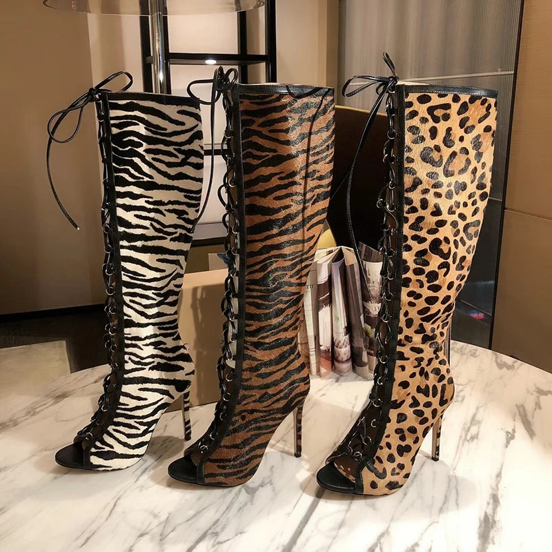 

2021 women top quality Horse hair patchwork leather high-heeled boots with leopard print boots