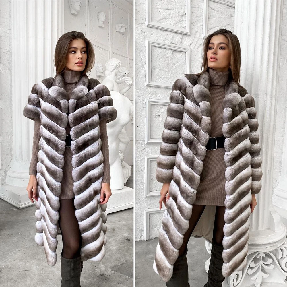 110cm Long Real Fur Coats for Women Winter Outwear High Quality Natural Rex Rabbit Fur Coat Chinchilla Color Luxury Fur Overcoat