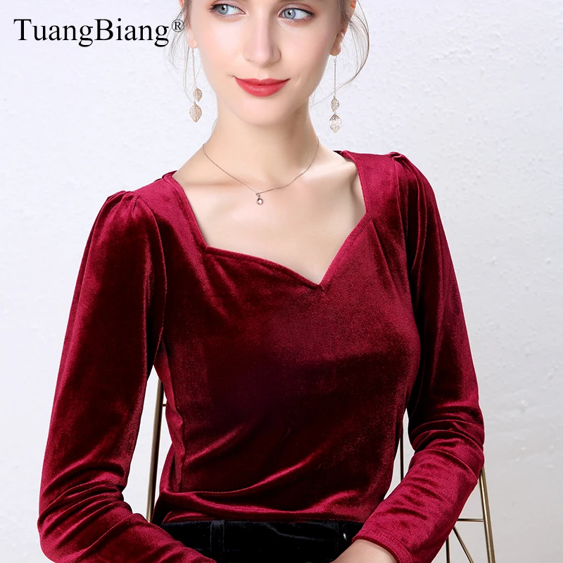 Осенние бархатные винтажные женские футболки с длинными рукавами женские футболки с v-образным вырезом винного цвета Топы женские тонкие Зимние новые черные топы