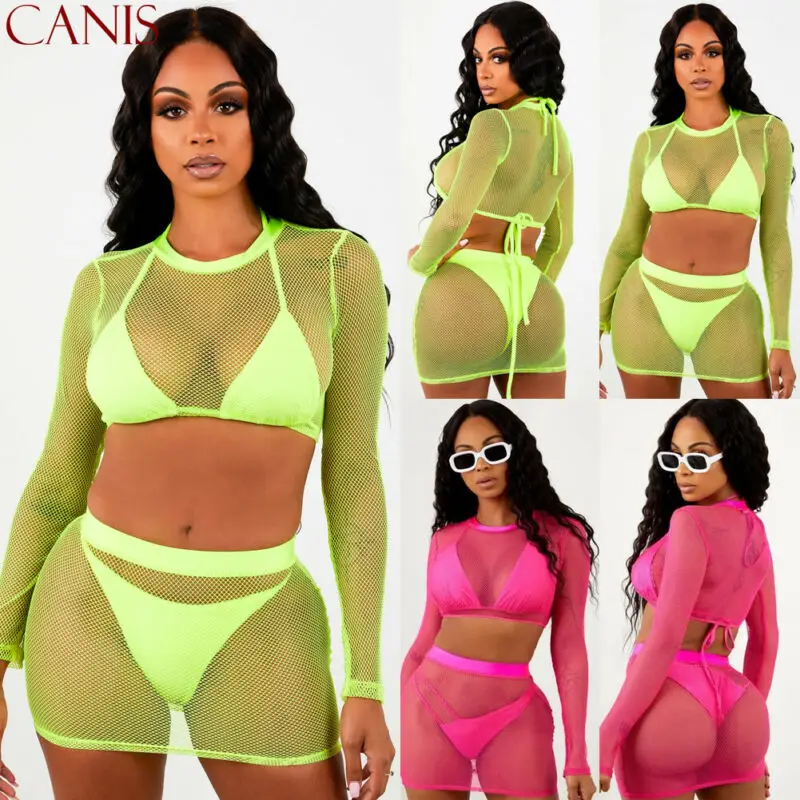 Женский бикини летний сетчатый прозрачный топ с длинными рукавами облегающий