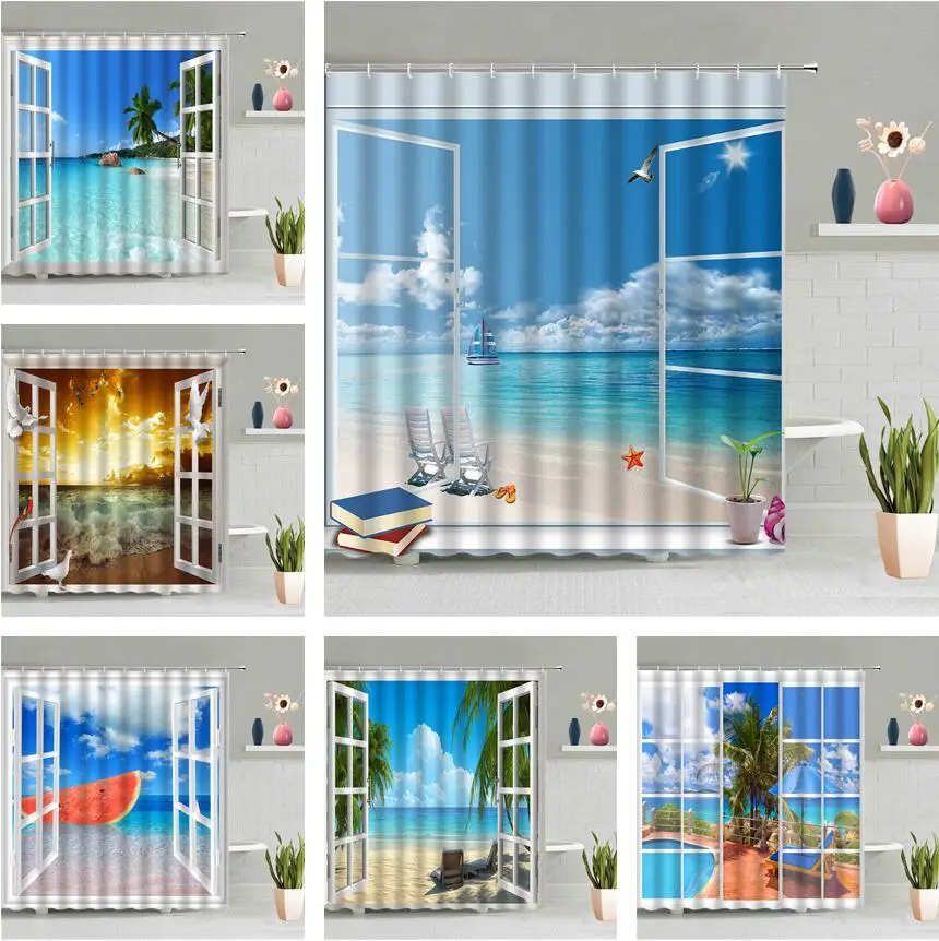 

Занавеска для душа, декоративная Водонепроницаемая шторка на стену, с изображением океана, песчаного пляжа, ванной комнаты, s Blue Sea Sky