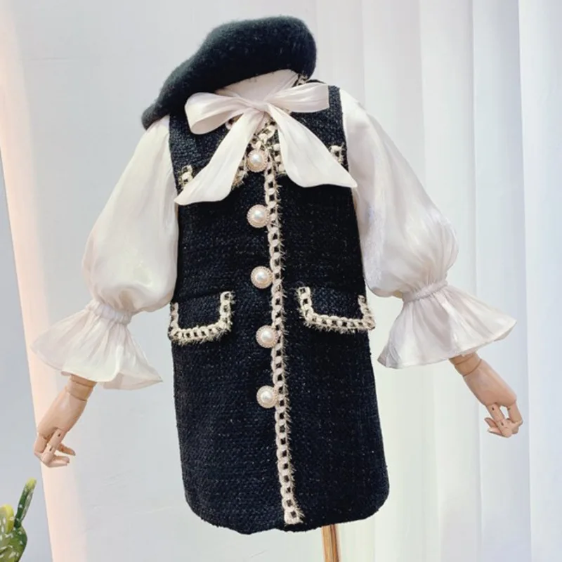 

2021 Autumn New Arrival Girls Fashion Tweed Dress Kids Long Sleeve Dresses Girls Princess Dress