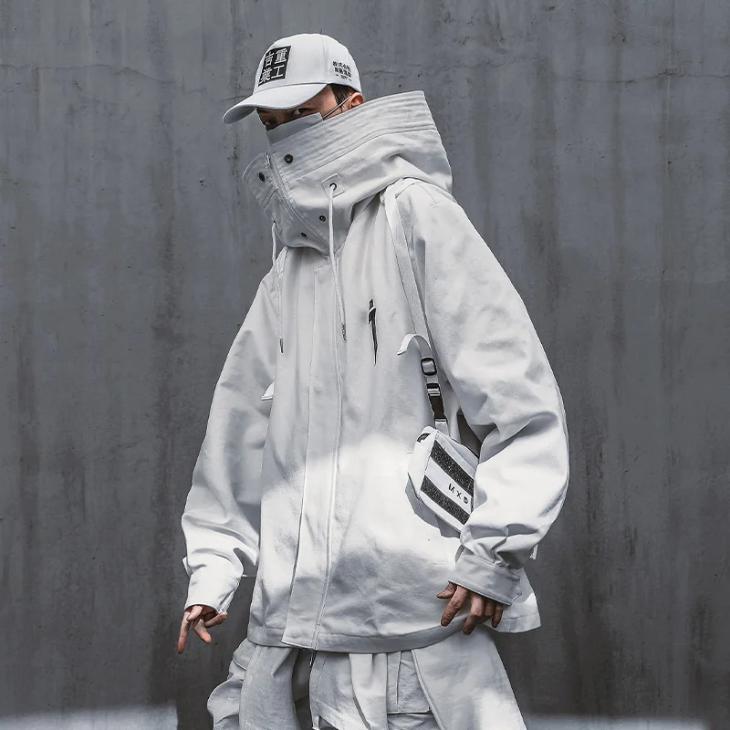 

Cargo White Windbreaker Jackets Streetwear Men Turtleneck Punk Jacket Hooded 2021SS Loose Coats WB077