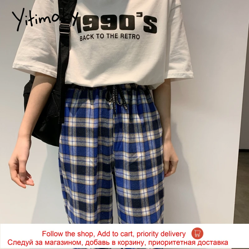 

Yitimoky Women Bottoms Pants Plaid Sweatpants Joggers Streetwear Patchwork 2021 Spring Fashion Drawstring Sweatpants Casual NEW